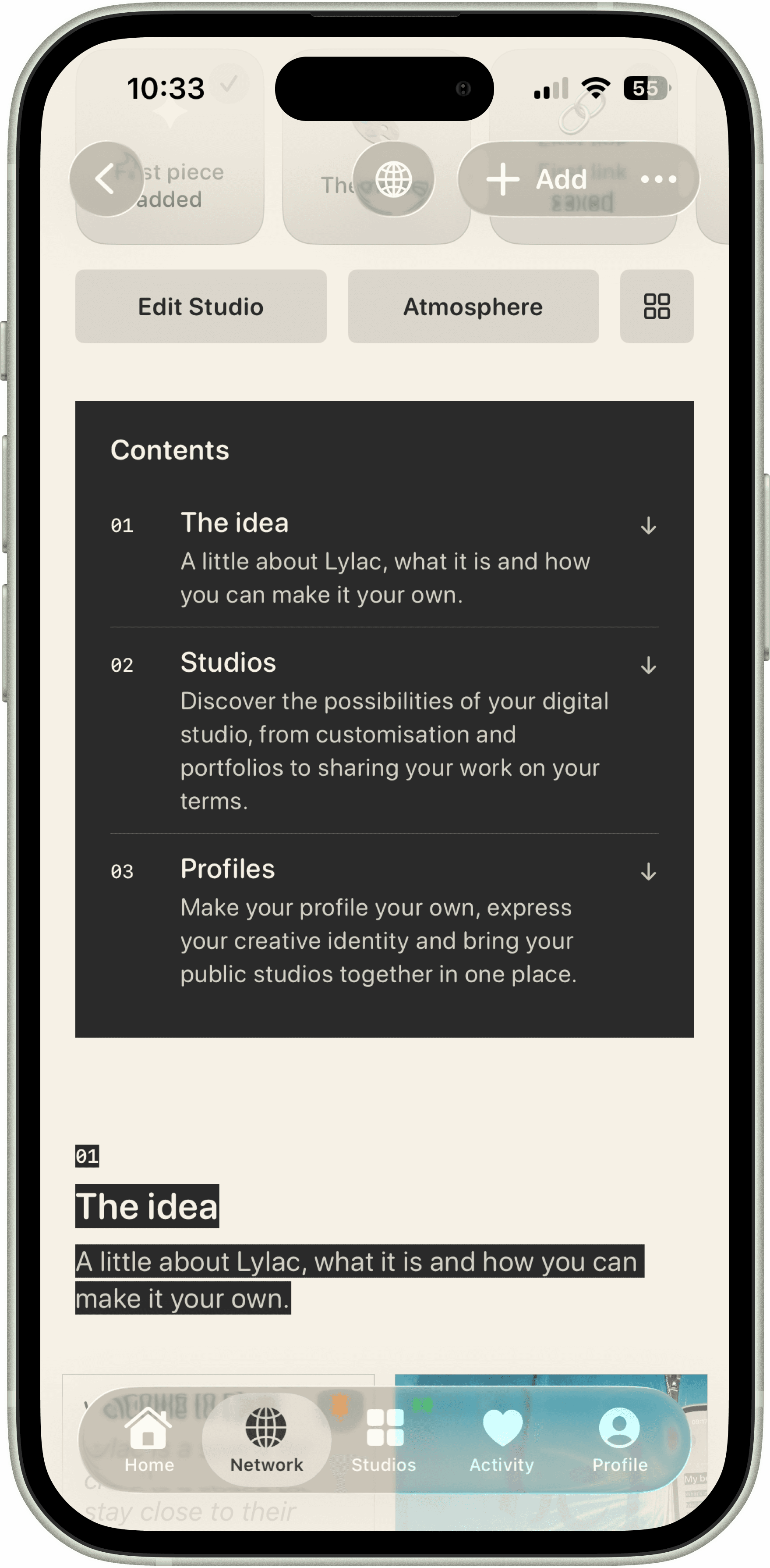 A Lylac studio organised into numbered sections and chapters.