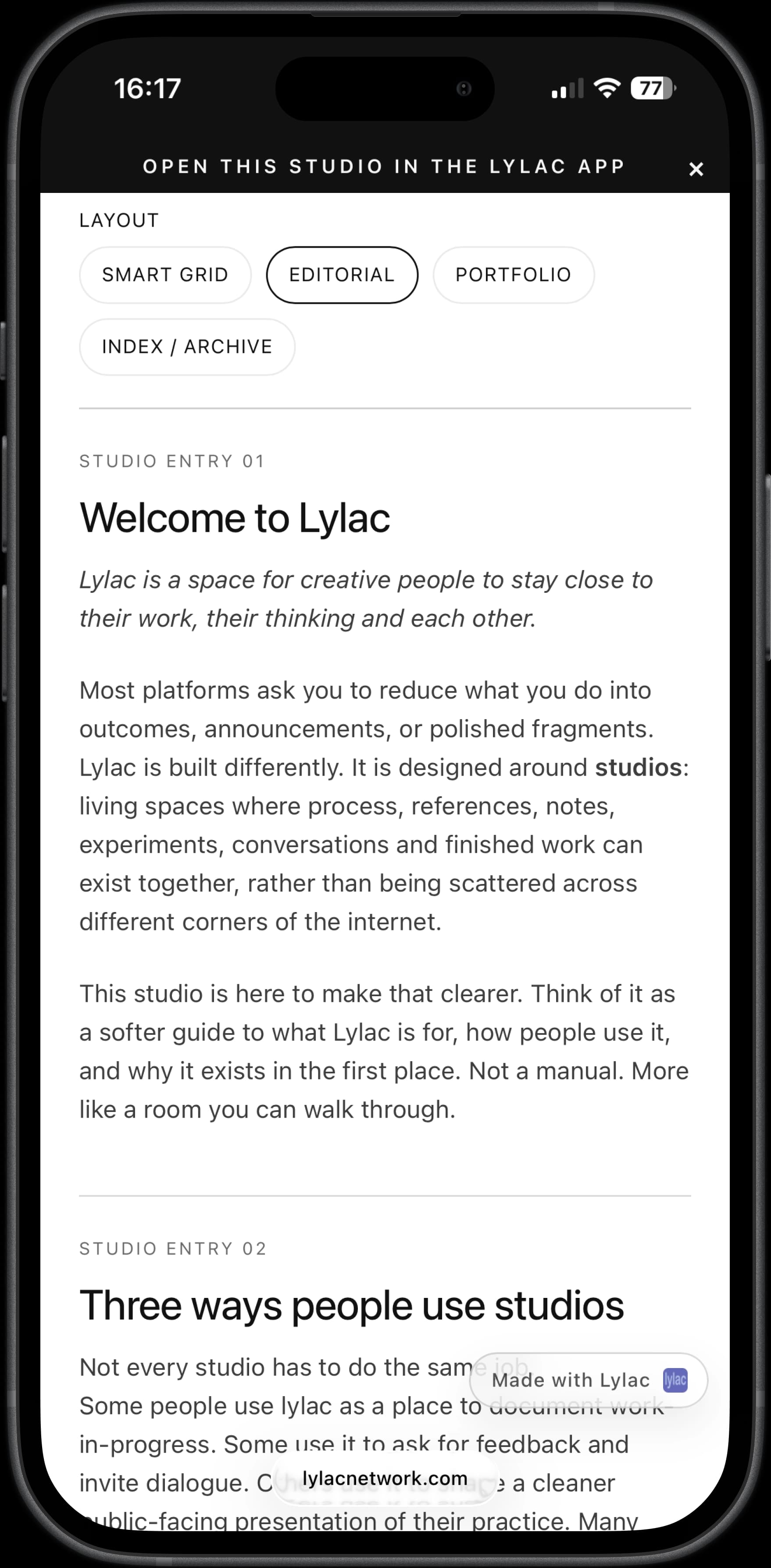 Studio displayed on web demonstrating cross-platform accessibility and sharing