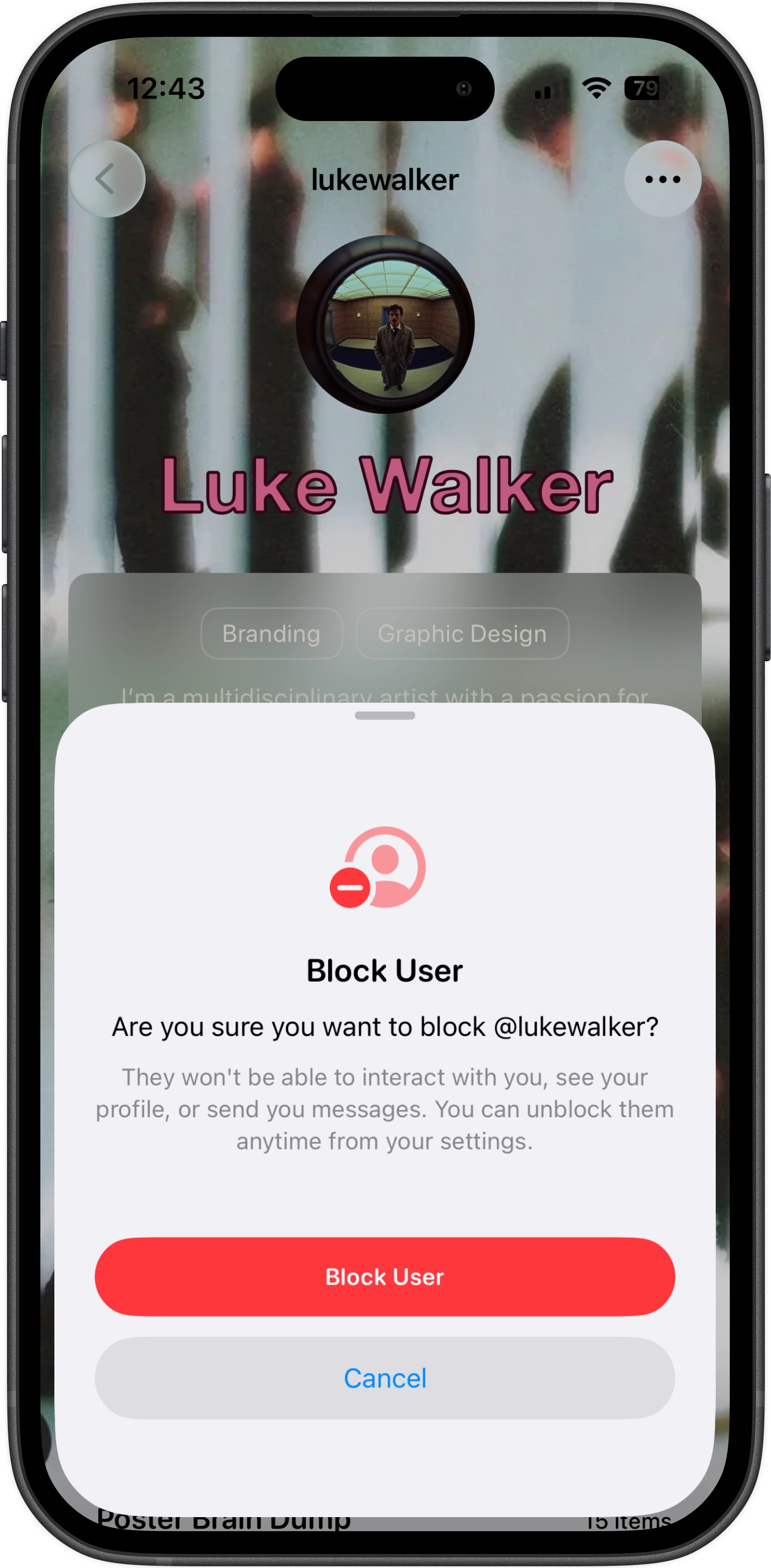 Block user interface showing account blocking options