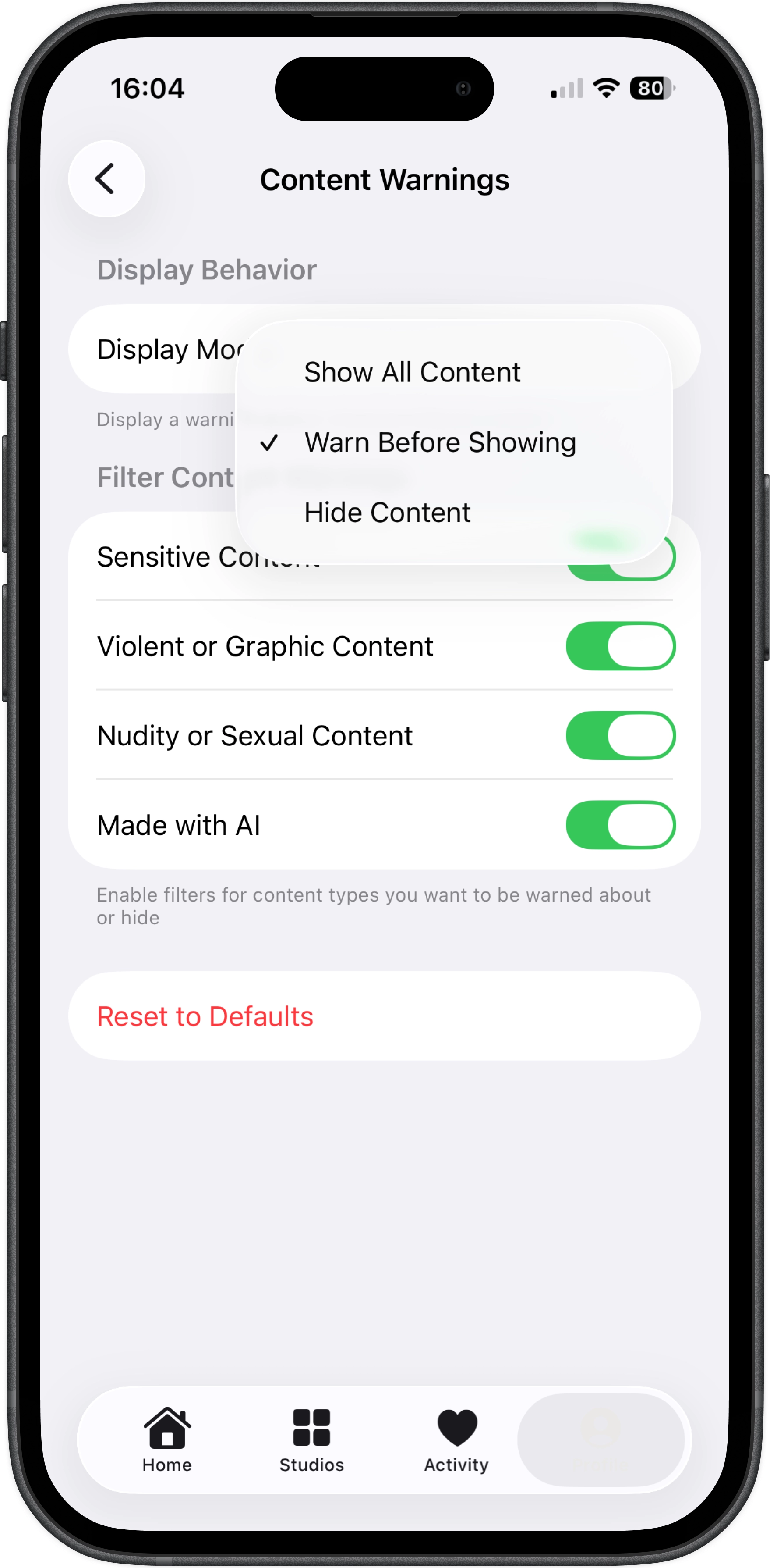 Content warnings settings for filtering sensitive content