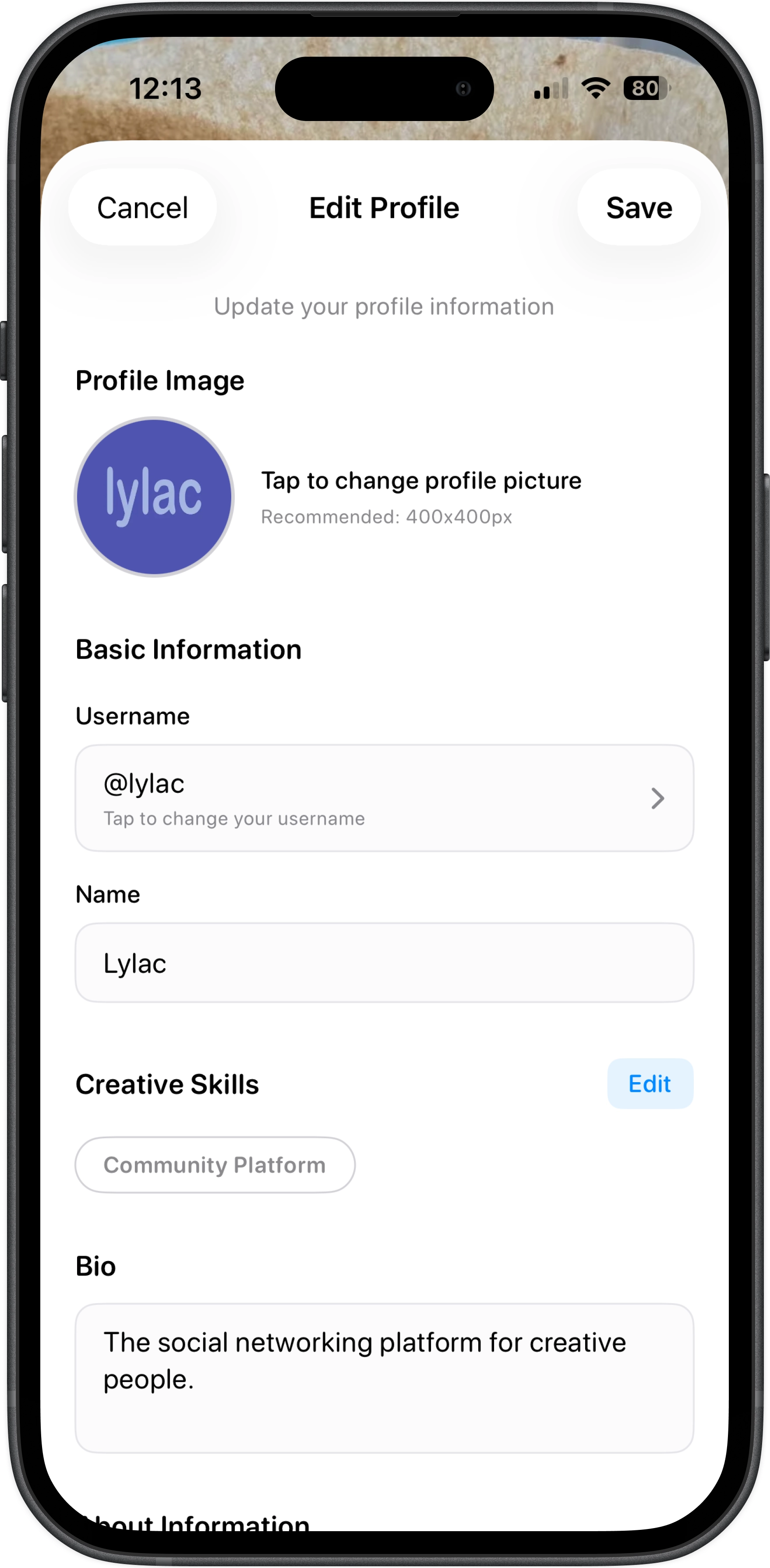 Edit profile interface for updating bio, links and profile details