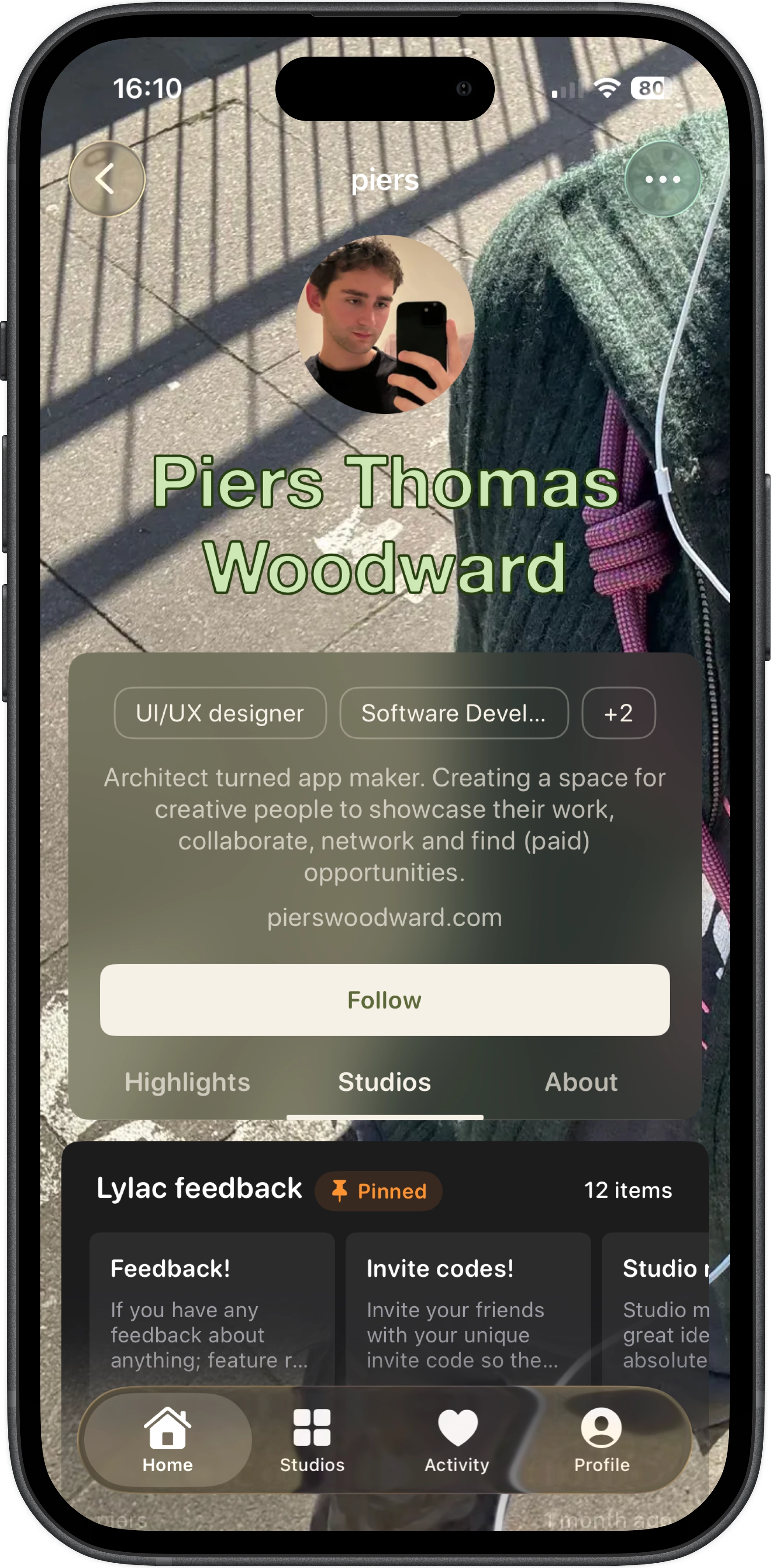 Piers profile showing a personalised layout and visual style