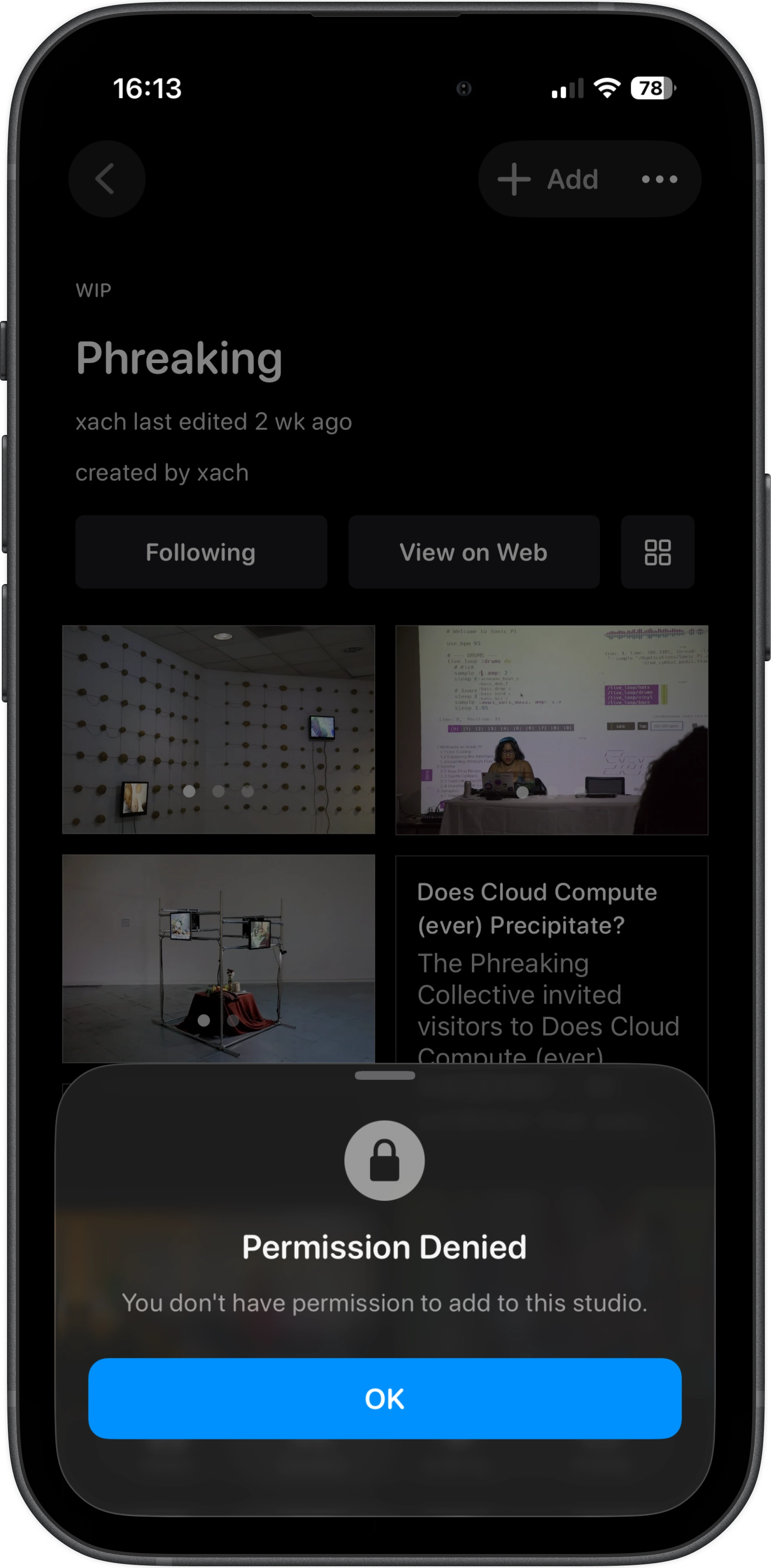 Studio permission denied view confirming restricted actions for non-editors