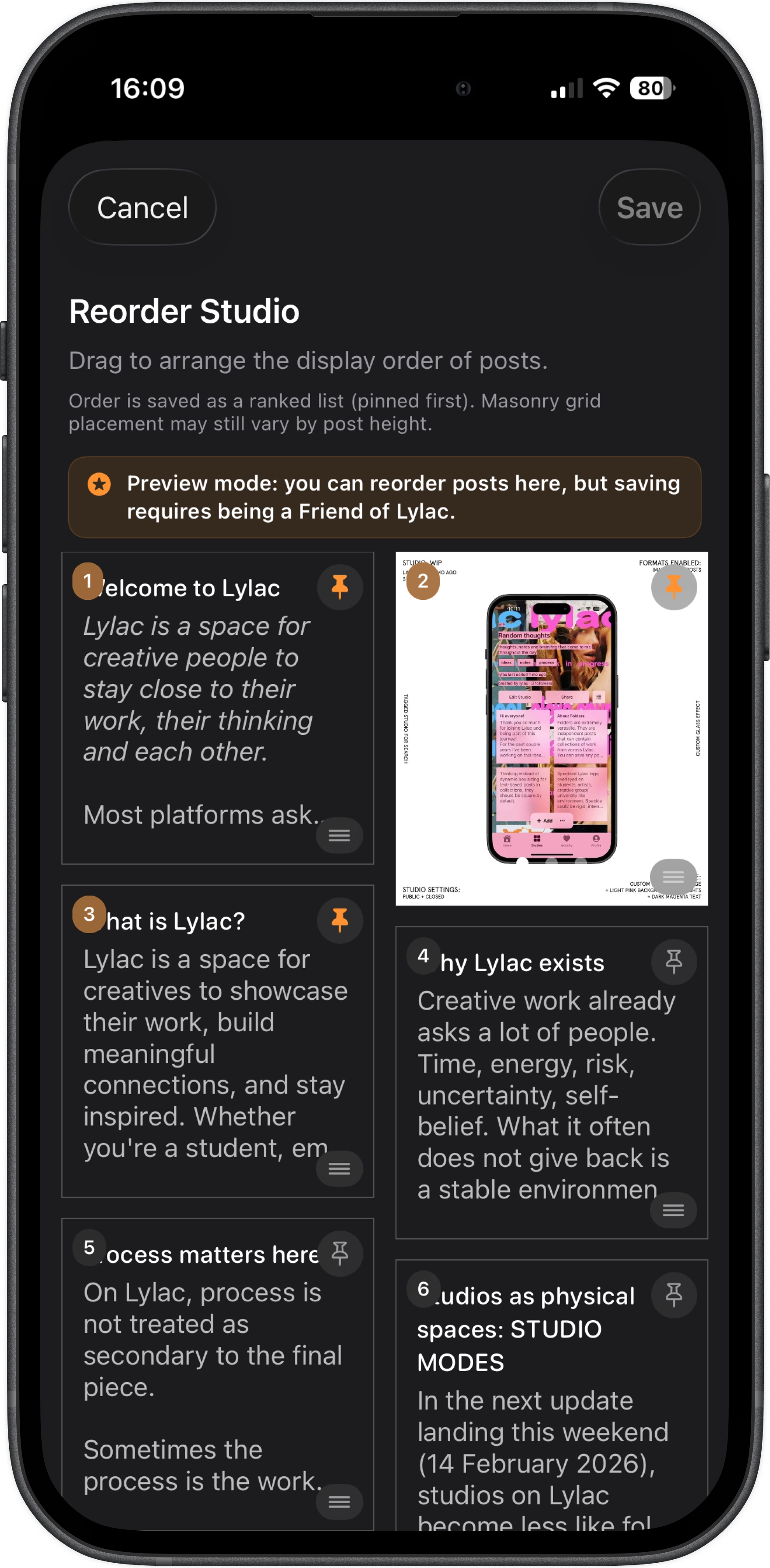Studio post reordering interface allowing drag-and-drop to rearrange project order