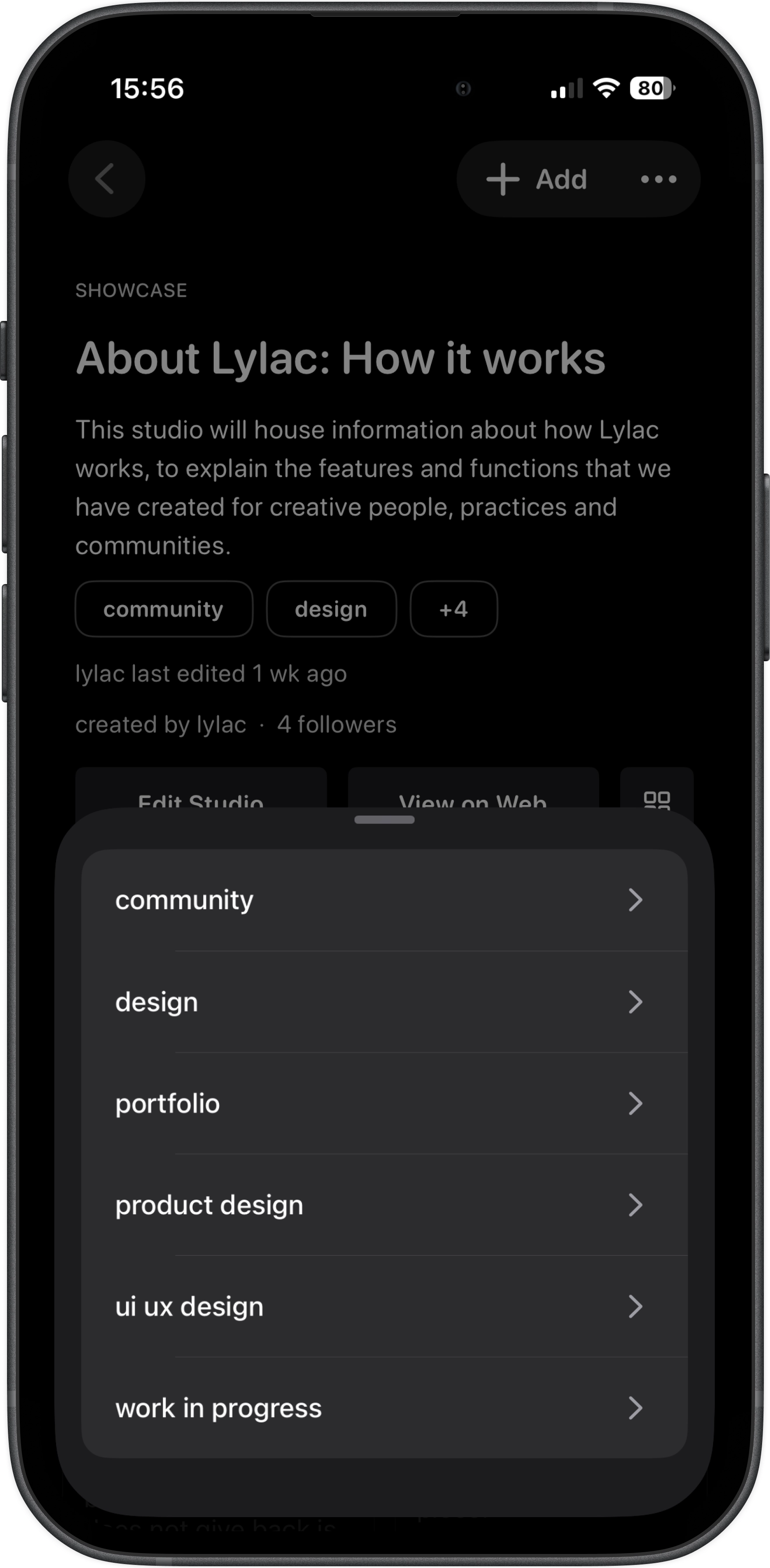 Studio page showing tags used to organize and discover work