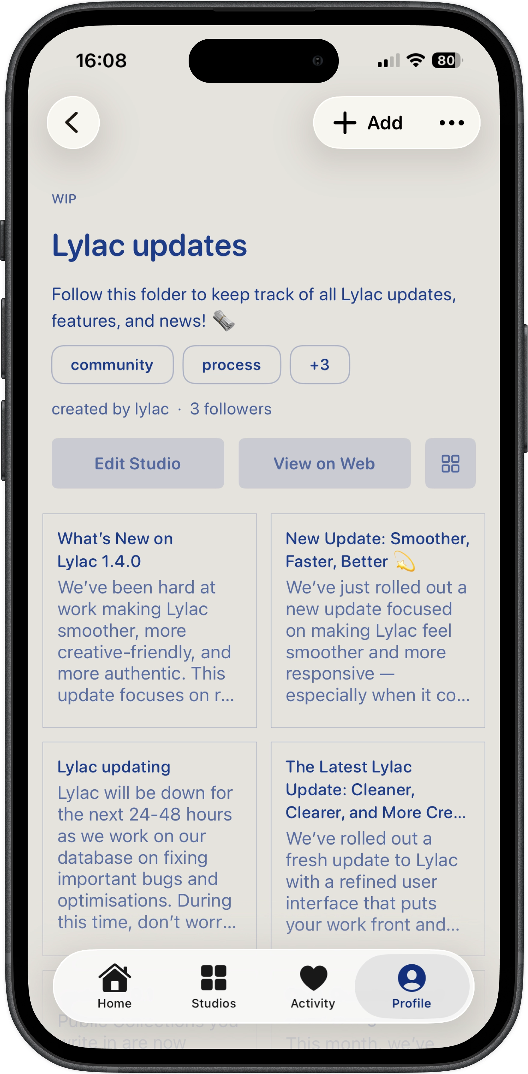 Studio styled with editorial text layout showing project updates