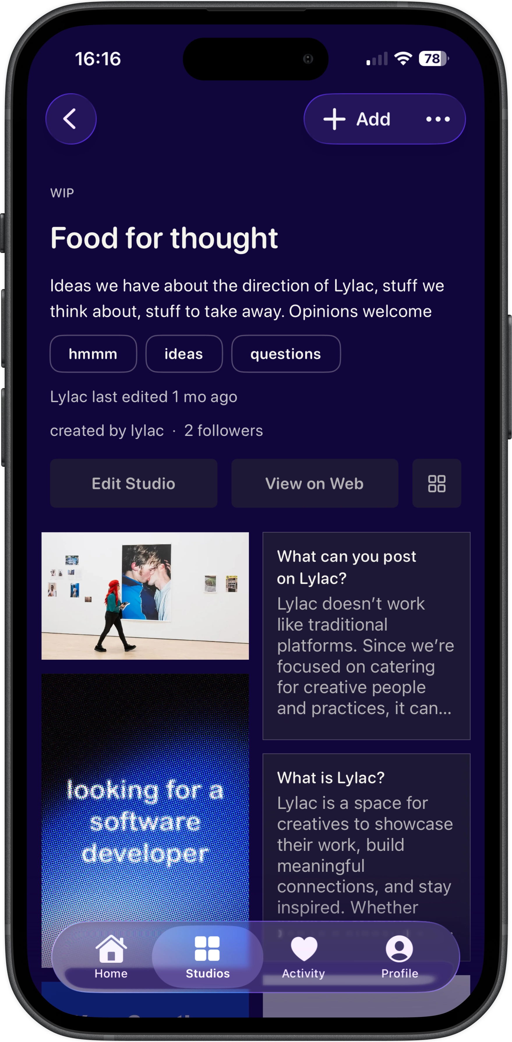 Studio styled with color backdrop and text-led layout showing WIP posts
