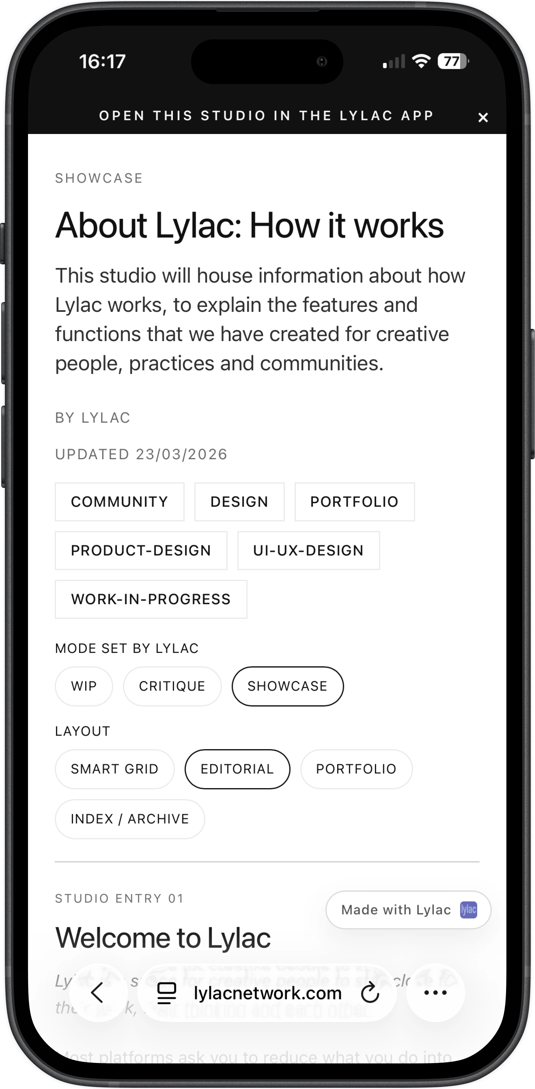 Studio viewed in web browser showing how studios work as shareable portfolio pages
