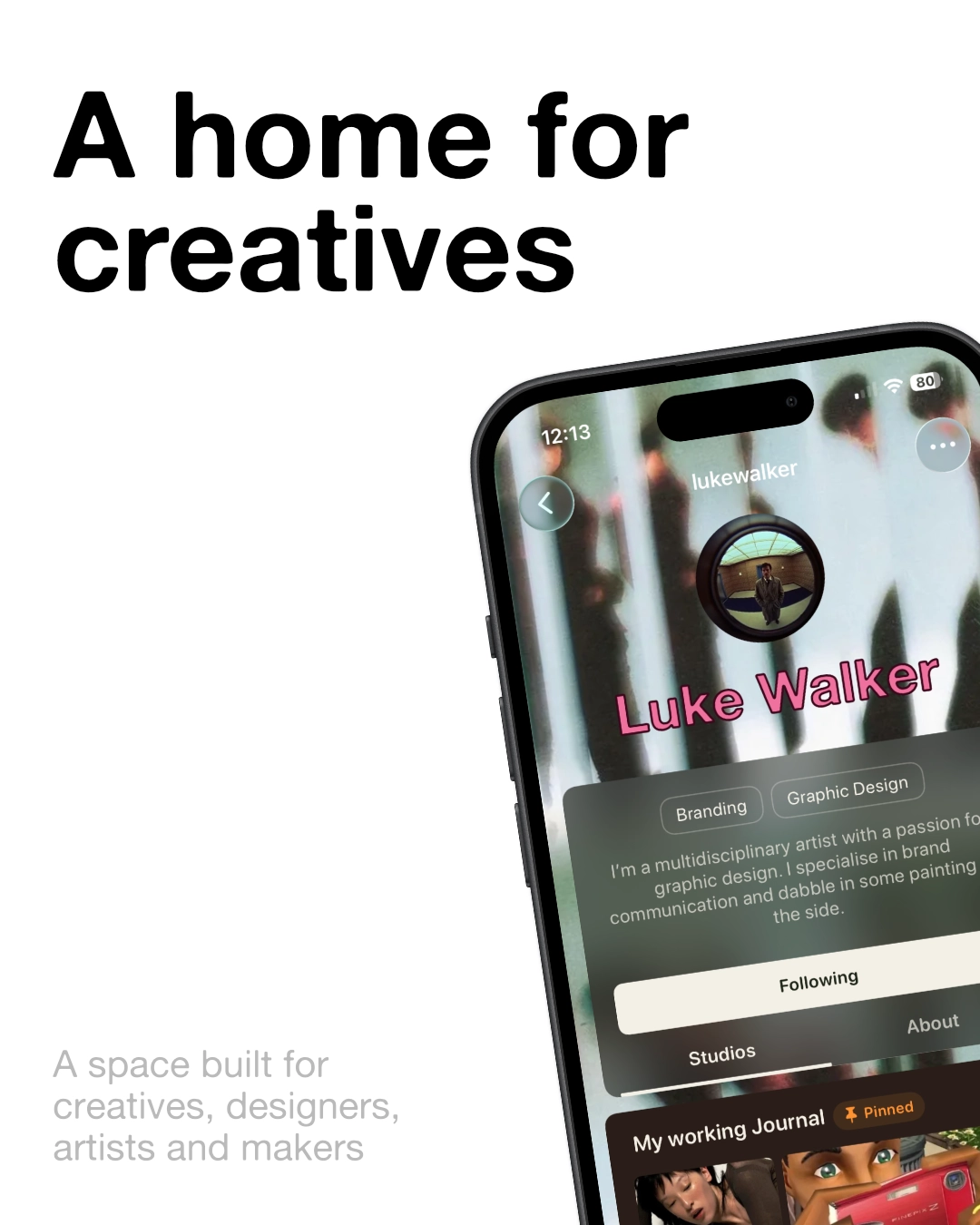 Promotional slide reading A home for creatives with a Lylac profile shown on a phone.